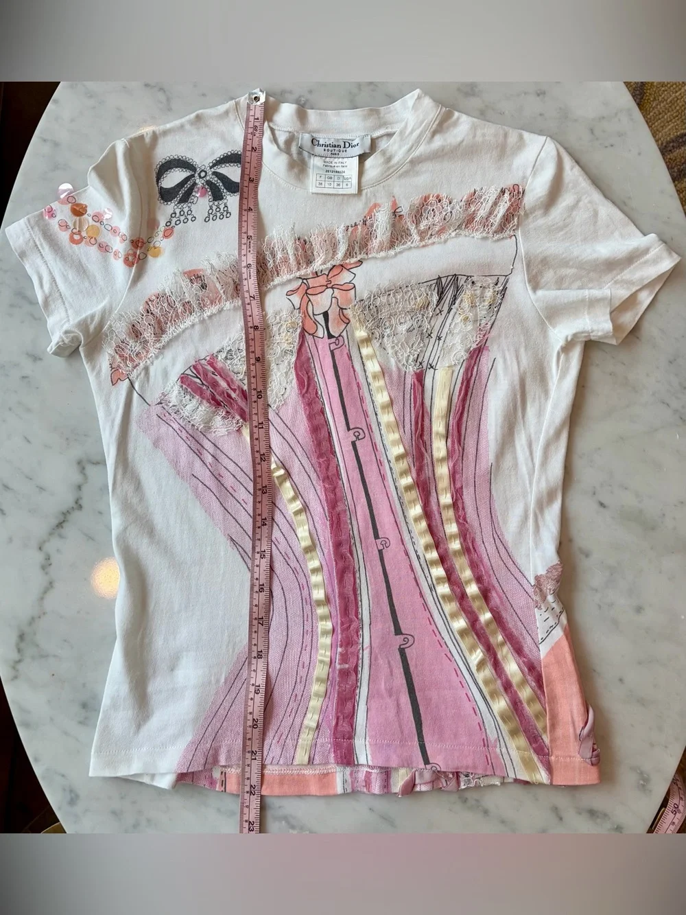 DIOR VTG Galliano ‘02 Corset Tee, white w/pink velvet ribbons&lace, M, EUC🎀 - Picture 13 of 15